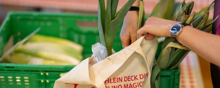 Sammeltasche einer Lebensmittelkollekte, bei der freiwillige Helferinnen und Helfer für die karitative Foodsave-Organisation Tischlein deck dich langhaltbare Produkte für armutsbetroffene Menschen sammeln.