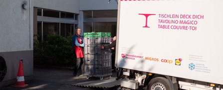 Gerettete Lebensmittel werden in ein Foodsave-Fahrzeug der Hilfsorganisation Tischlein deck dich geladen für den Versand zu armutsbetroffenen Menschen.